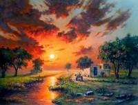 Hanif Shahzad, Sunset II, 35 x 46 Inch, Oil on Canvas, Landscape Painting, AC-HNS-100